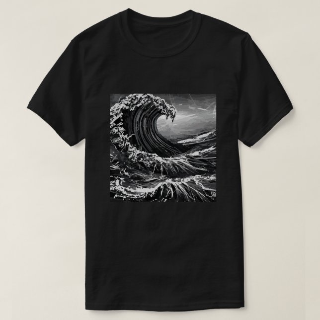 Camiseta Tsunami Gráfico de Scratchboard (Frente do Design)