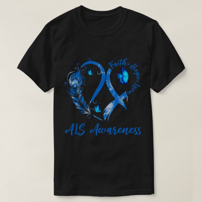 Camiseta Tu Heart Butterfly Blue Ribbon ALS Mês de Consciên (Frente do Design)