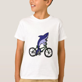 Camiseta Tubarão azul do divertimento que monta a bicicleta