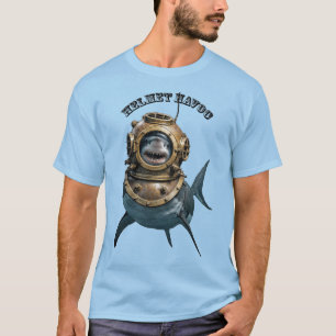 Camiseta Tubarão Branco Dentro de um Capacete de Mergulho U