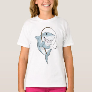 Camiseta Tubarão como pescador com barra de pesca