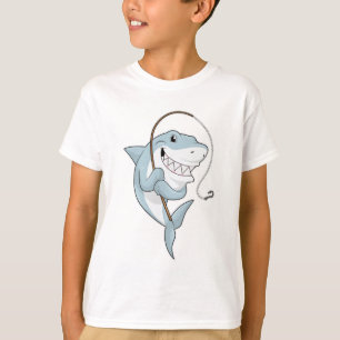 Camiseta Tubarão como pescador com barra de pesca