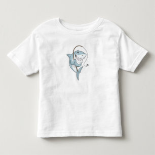 Camiseta Tubarão como pescador com barra de pesca