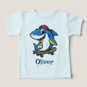 Camiseta Tubarão de Desenho Animado Azul Legal em Skate