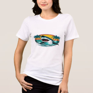 Camiseta Tubarão Engraçado Com Palmeiras E Bebês De Praia P