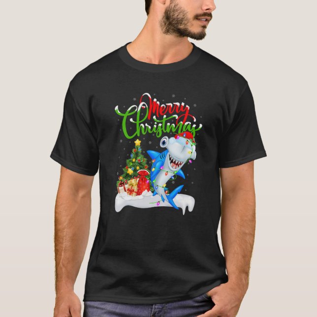 Camiseta Tubarão Engraçado Lover Xmas Iluminação Hammerhead (Frente)