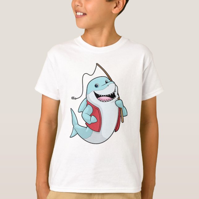 Camiseta Tubarão na pesca com vara de pesca (Frente)