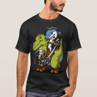 Camiseta Tubarão Pirata Montando Um Dinossauro T-Rex