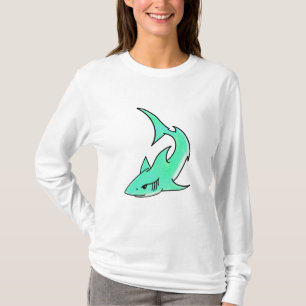 Camiseta tubarão sorridente desenho animado azul verde ocea