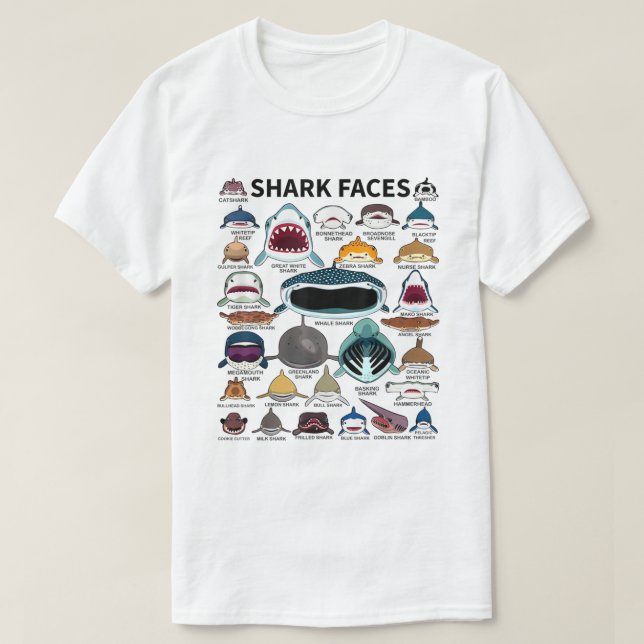 Camiseta Tubarões de Tubarão - Faces de Tubarão de Todos os (Frente do Design)