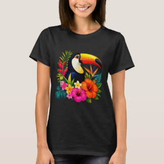 Camiseta Tucano Colorido Com Flores Tropicais de Hibisco