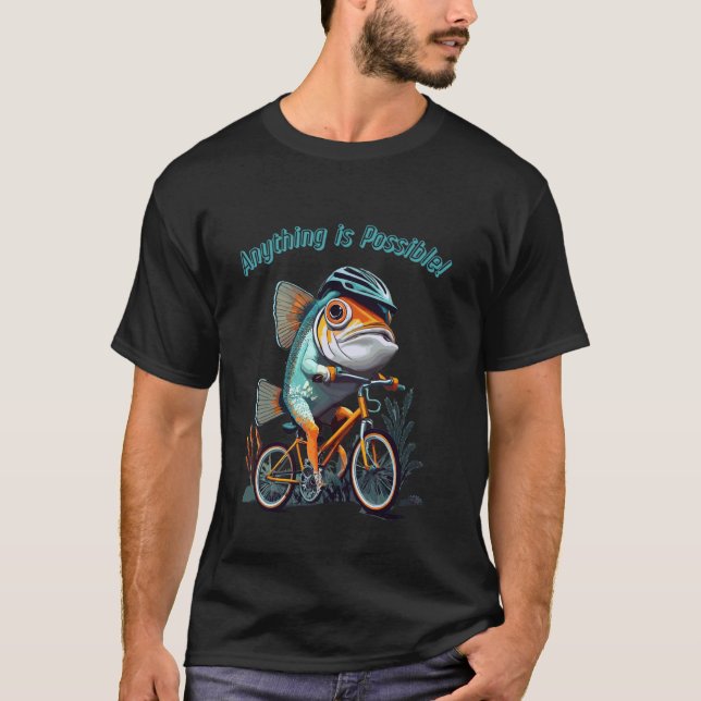 Camiseta Tudo É Possível! Peixe Andando de Bicicleta! (Frente)