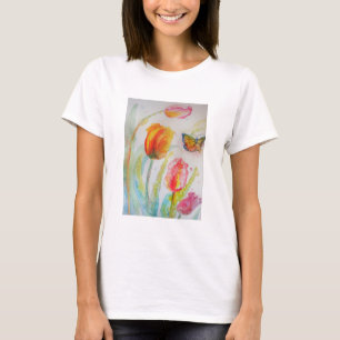 Camiseta Tulipa colorida e borboleta Aquarela
