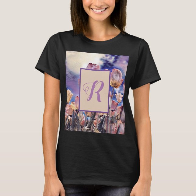 Camiseta Tulipas cor-de-rosa púrpura monograma personalizáv (Frente)