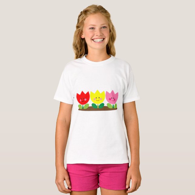 Camiseta Tulipas Felizes Flores Arte de Jardim (Frente Completa)