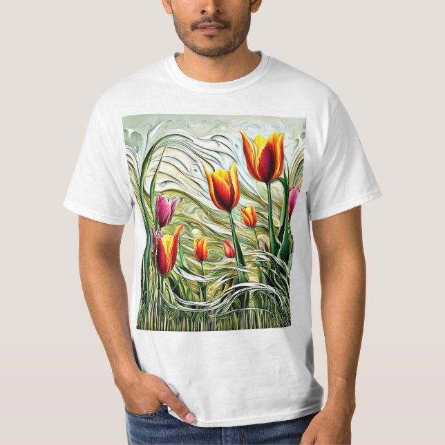 Camiseta Tulipas na grama balançando (Frente)