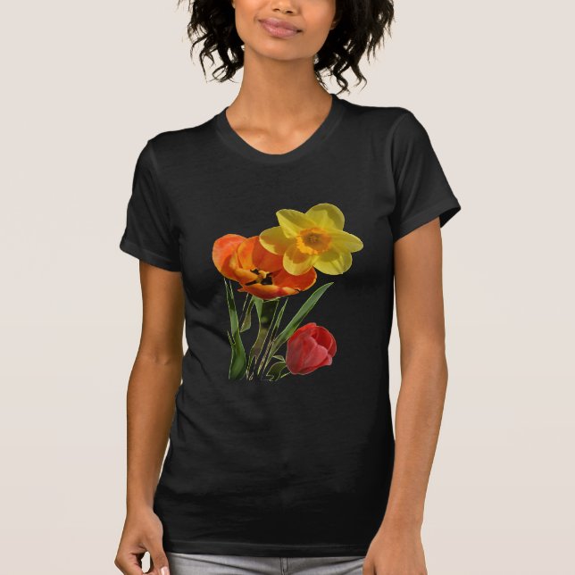 Camiseta Tulipas vermelhas e flores de narciso amarelo (Frente)