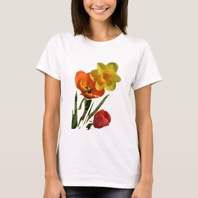 Camiseta Tulipas vermelhas e flores de narciso amarelo (Frente)