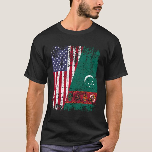 Camiseta Turk Roots Half American Flag Usa Turkistan Flag (Frente)
