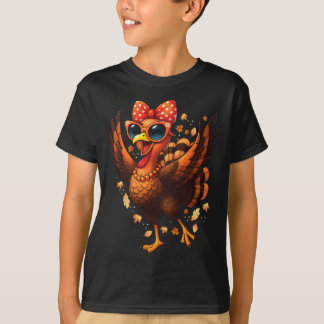 Camiseta Turkey Dancing Turkey Day Womens Fall Cute Bow Tha