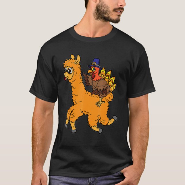 Camiseta Turkey Riding Llama Thanksgiving Day Animal Fall A (Frente)