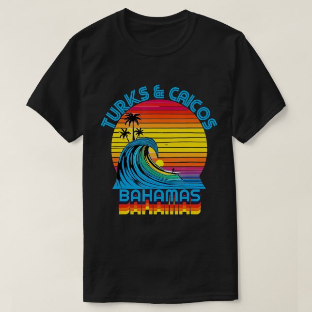 Camiseta Turks & Caicos Bahamas - Surf de retroação e Beac (Frente do Design)