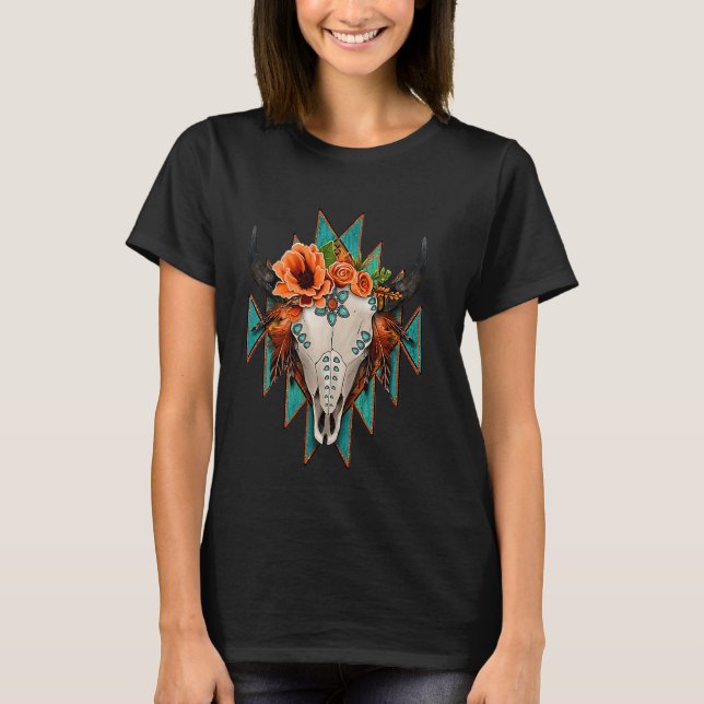 Camiseta Turquesa Azteca Crânio de Touro Boi Rodeio Ocident (Frente)