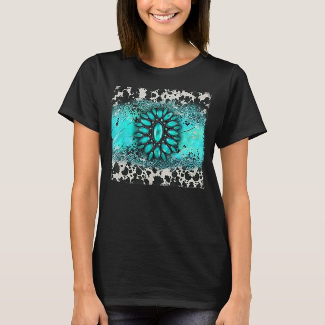 Camiseta Turquesa Gemstone Cowhide Leopardo Ocidental (Frente)