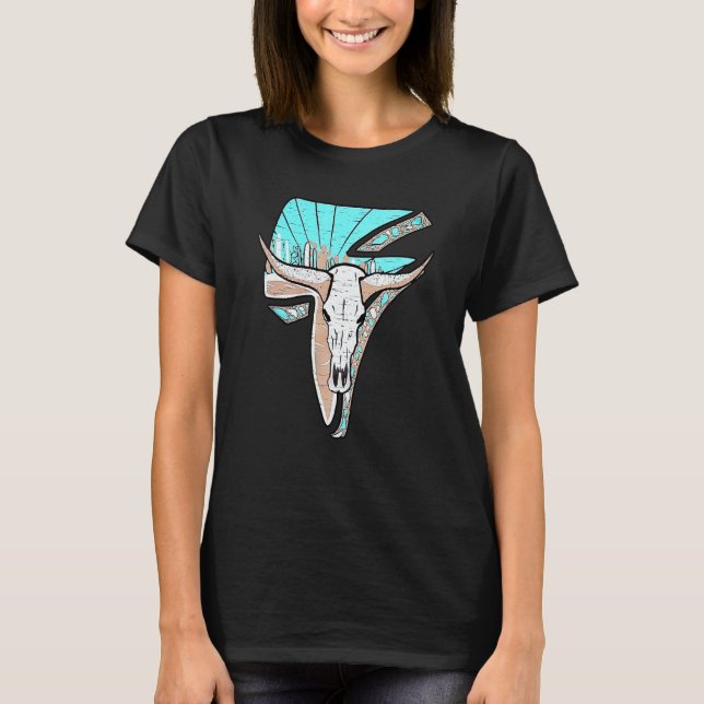 Camiseta Turquesa Ocidental Rodeo Queen Lightning Cow Skull (Frente)