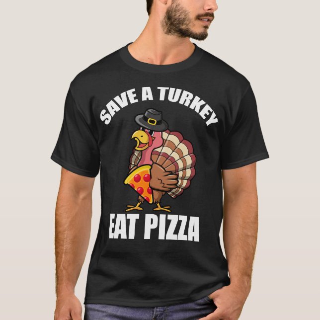 Camiseta Turquia Ação de Graças Comer Pizza Engraçado Vegan (Frente)