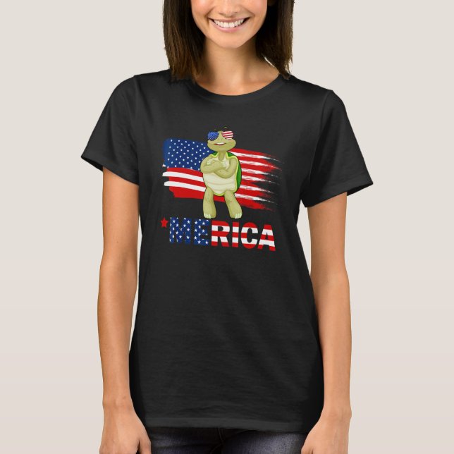 Camiseta Turtle American Flag Sunglass Merica 4th De Jul (Frente)