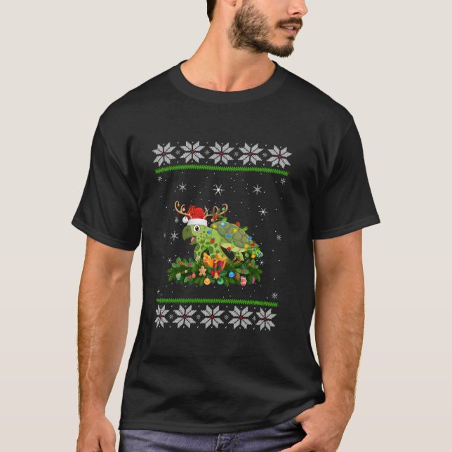 Camiseta Turtle Christmas Lights Reindeer Santa Hat Turtle (Frente)