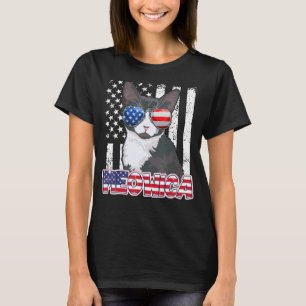 Camiseta Tuxedo Cat 4 julho Meowica American Flag Pai Mãe