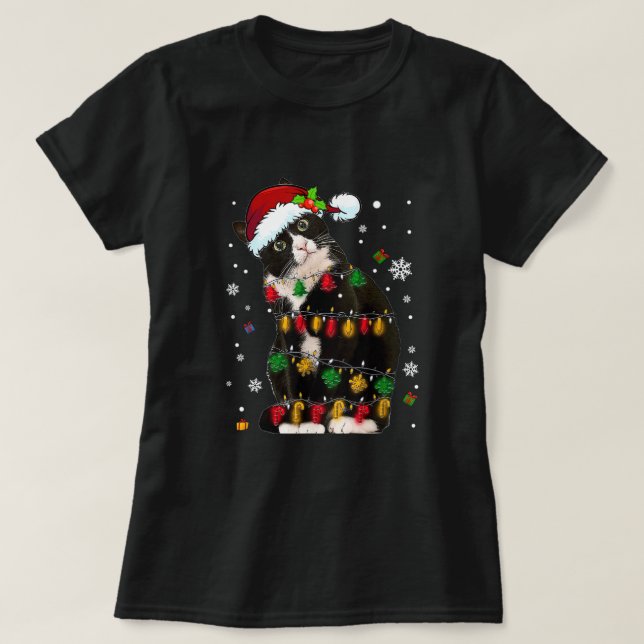 Camiseta Tuxedo Cat Com Noel Hat Luzes De Natal Engraçadas (Frente do Design)