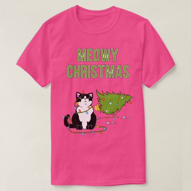 Camiseta Tuxedo Cat Natal Árvore de Natal Engraçado gatinho (Frente do Design)