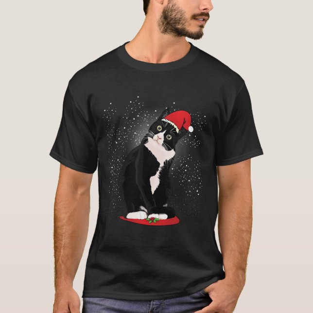 Camiseta Tuxedo Cat Natal Papai Noel Neve Freso de inverno (Frente)