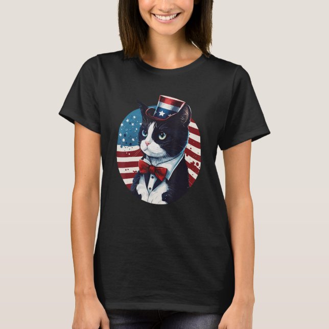 Camiseta Tuxedo Cat Patriot USA 4 de julho Homens Mulheres (Frente)