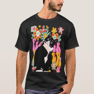 Camiseta Tuxedo Cat Retro 60s 70s Vibe Flowers Sinal de Paz