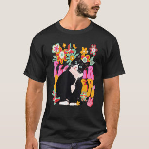 Camiseta Tuxedo Cat Retro 60s 70s Vibe Flowers Sinal de Paz
