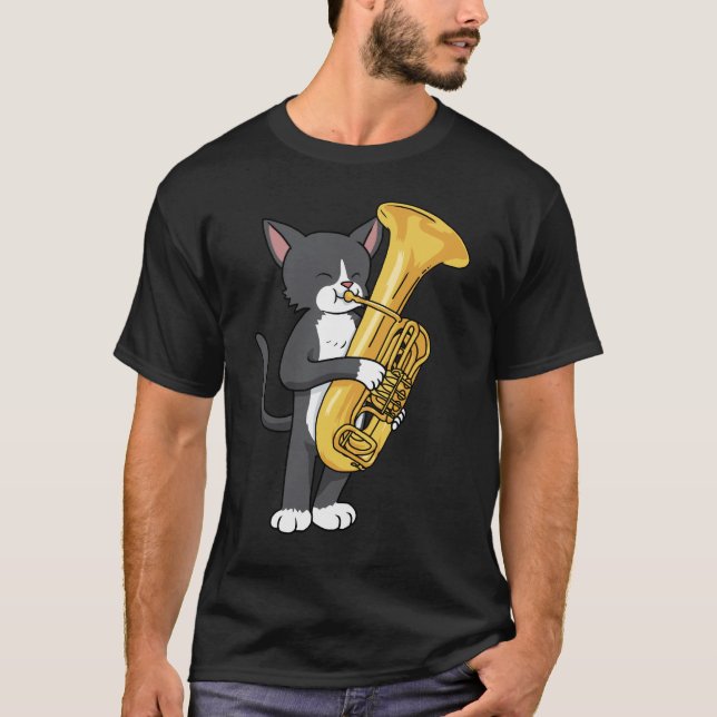 Camiseta Tuxedo Cat Tuba Oferece Homens Marchando Banda Tub (Frente)