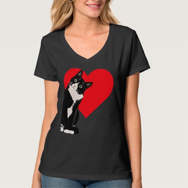 Camiseta Tuxedo Cat Valentine's Day Heart Cat (Frente)