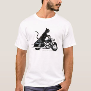 Camiseta Tuxedo gato preto andando de moto