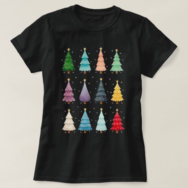Camiseta Twelve Festive Trees: Colorful Holiday Print (Frente do Design)