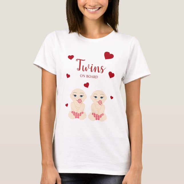 Camiseta Twins On Board Quote with Red Hearts Design (Frente)
