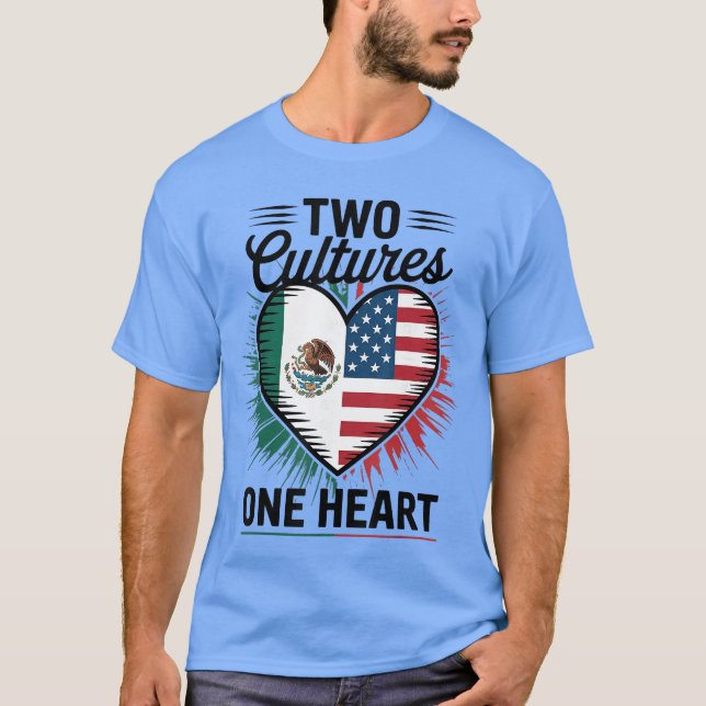 Camiseta Two Cultures One Heart Meican Flag American Flag U (Frente)