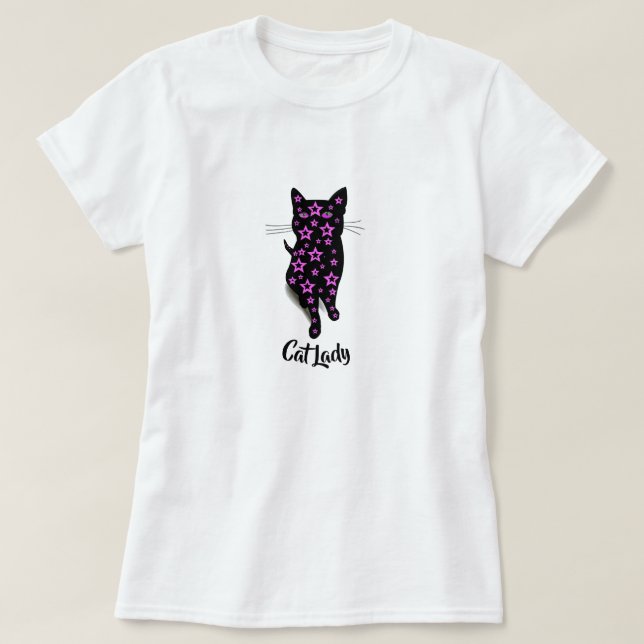 Camiseta Typografia de Gato com Estrelas Rosa e Gato Negro (Frente do Design)