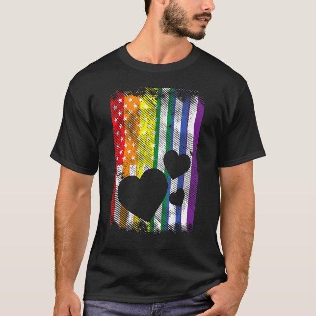 Camiseta U American Flag Hearts Lgbtq Rainbow Flag Gay (Frente)