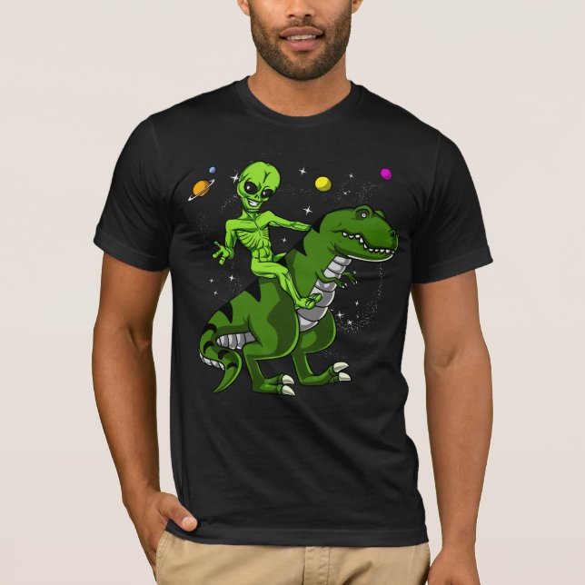 Camiseta UFO de montada estrangeiro do espaço do dinossauro (Frente)