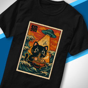 Camiseta UFO Retro Japonês Ukiyo-e Gato Fofo Comendo Ramen