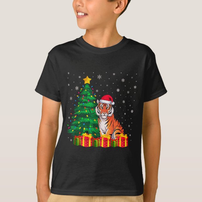 Camiseta Ugly Bengal Tiger Santa Hat Christmas Tree Lights  (Frente)